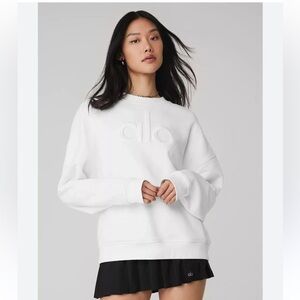 ALO Yoga Renown Emblem Crew Neck Sweatshirt White Pullover Size Small
